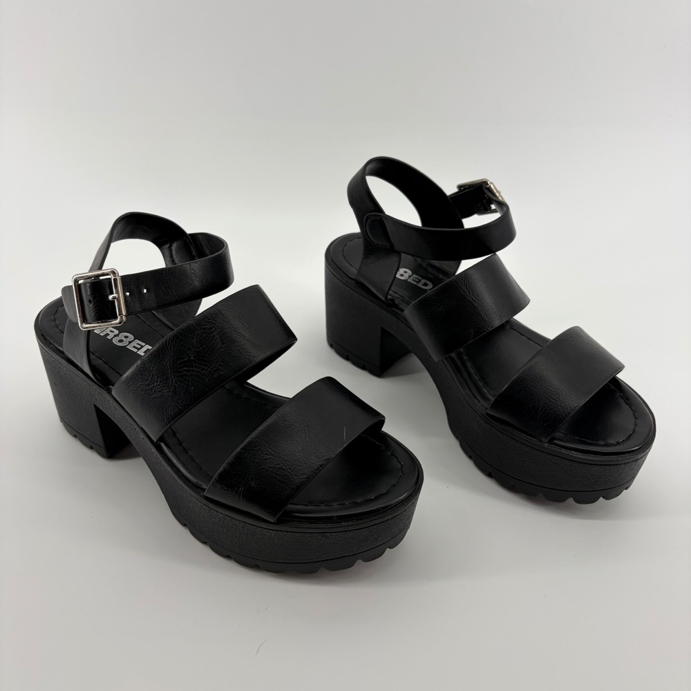 UNR8ED Platform Sandals Black‎ Womens Size 6 Chunky Block Heel Lug Sole Strappy